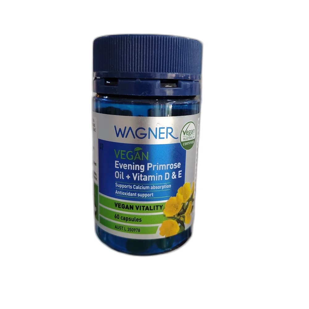 Wagner Vegan Evening Primrose Oil + Vitamin D & E Per capsule: Evening Primrose Oil 500 mg (Linoleic acid 325 mg equiv., gamma-Linolenic acid 50 mg equiv.); Colecalciferol (Vitamin D3) 7.5 micrograms (300 IU); d-alpha-tocopherol (Vitamin E) 14.77 mg (22 IU)