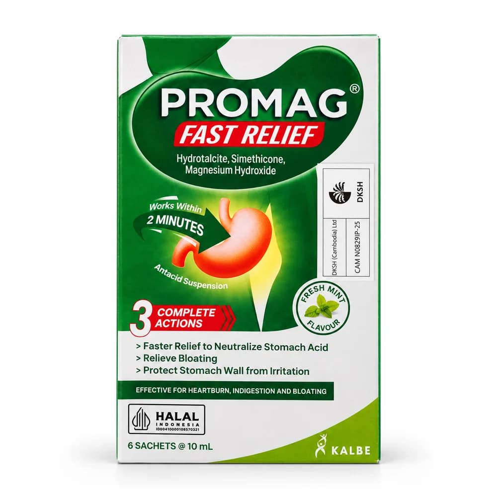 Promag Fast Relief Hydrotalcite 400 mg / magnesium hydroxide 300 mg / simethicone 100 mg per 10 mL sachet