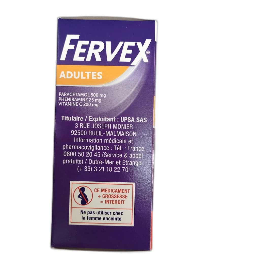 Fervex Adultes Paracétamol 500 mg / Phéniramine 25 mg / Vitamine C 200 mg