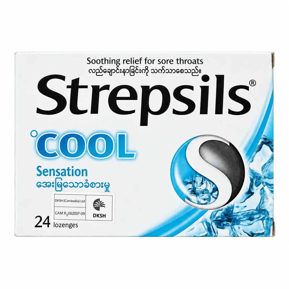 Strepsils Cool menthol lozenge: 2,4-Dichlorobenzyl Alcohol 1.2 mg / Amylmetacresol 0.6 mg / Menthol 7.0 mg - Sann Sopheachenda Pharmacy