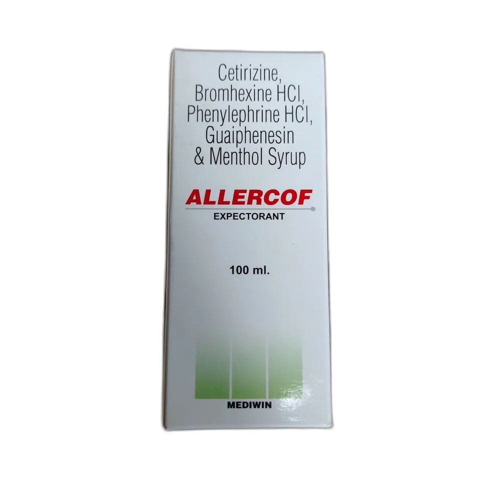 Allercof Cetirizine 2.5 mg + Bromhexine 4 mg + Phenylephrine 5 mg + Guaifenesin 50 mg + Menthol 1 mg / 5 ml - DHOU CARE PHARMACY