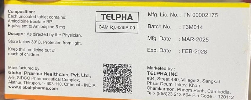 TELPHA Amlodipine 5 Amlodipine Besilate BP Equivalent to Amlodipine 5mg - α±ααααααΆα αα·ααΈαα½ααααΈ105K