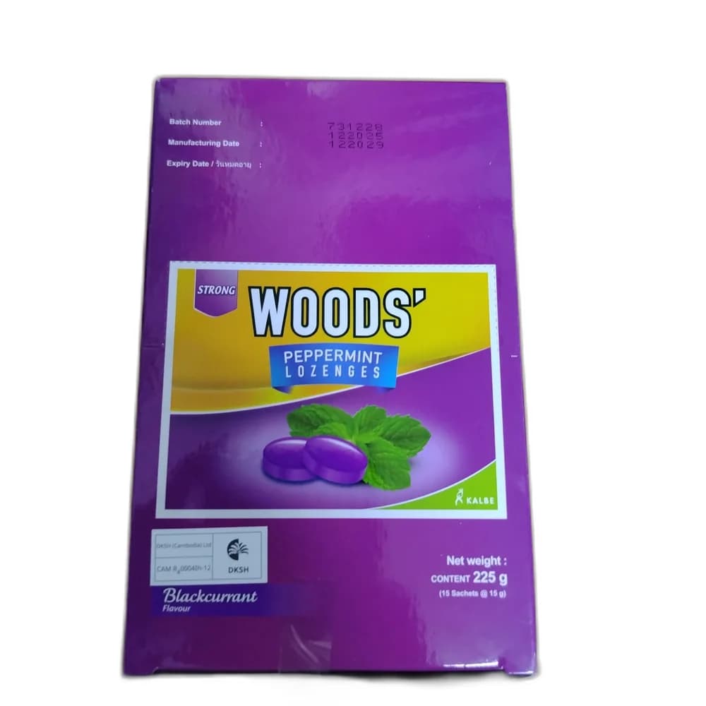 Woods' Peppermint Lozenges Blackcurrant 225 g (15 sachets x 15 g); Peppermint Oil 12.83 mg, Menthol 1.48 mg per lozenge
