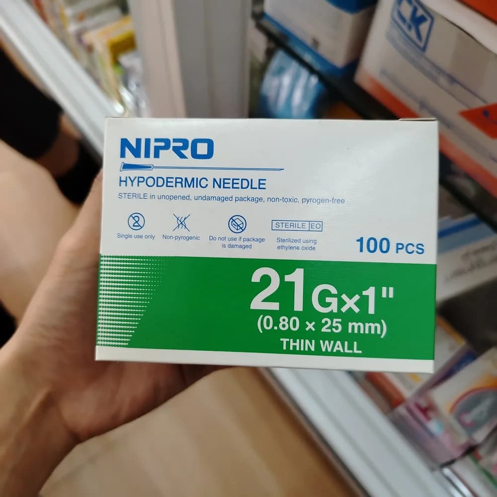Nipro Hypodermic Needle 21G x 1 inch (0.80 x 25 mm), thin-wall hypodermic needle