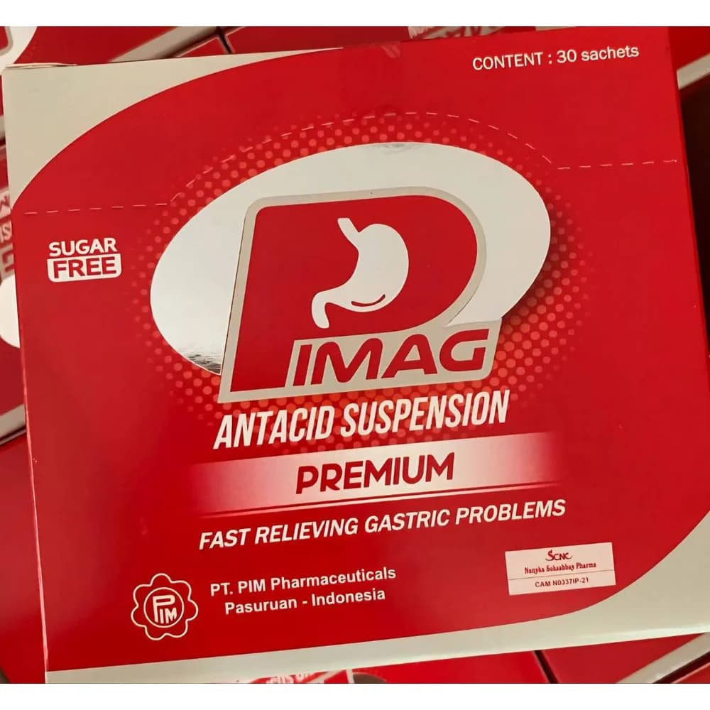 Pimag Premium Aluminium hydroxide 600 mg / Magnesium hydroxide 600 mg / Simethicone 160 mg per 14 ml