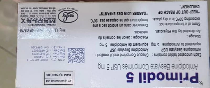 Primodi 5 Amlodipine Besylate Comprimes USP 5mg