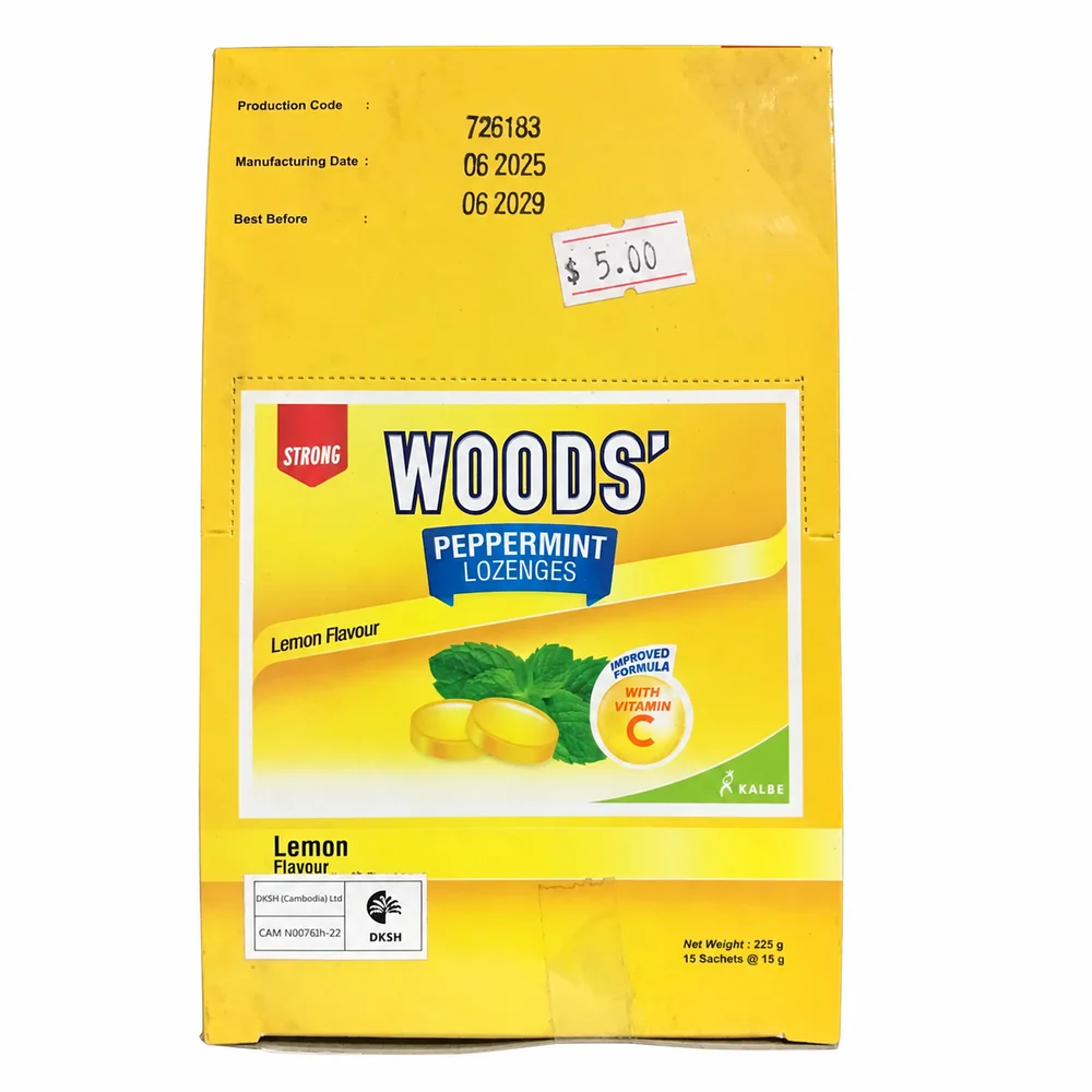 Woods' Peppermint Lozenges Lemon — available at pharmacies in Cambodia on PharmKulen