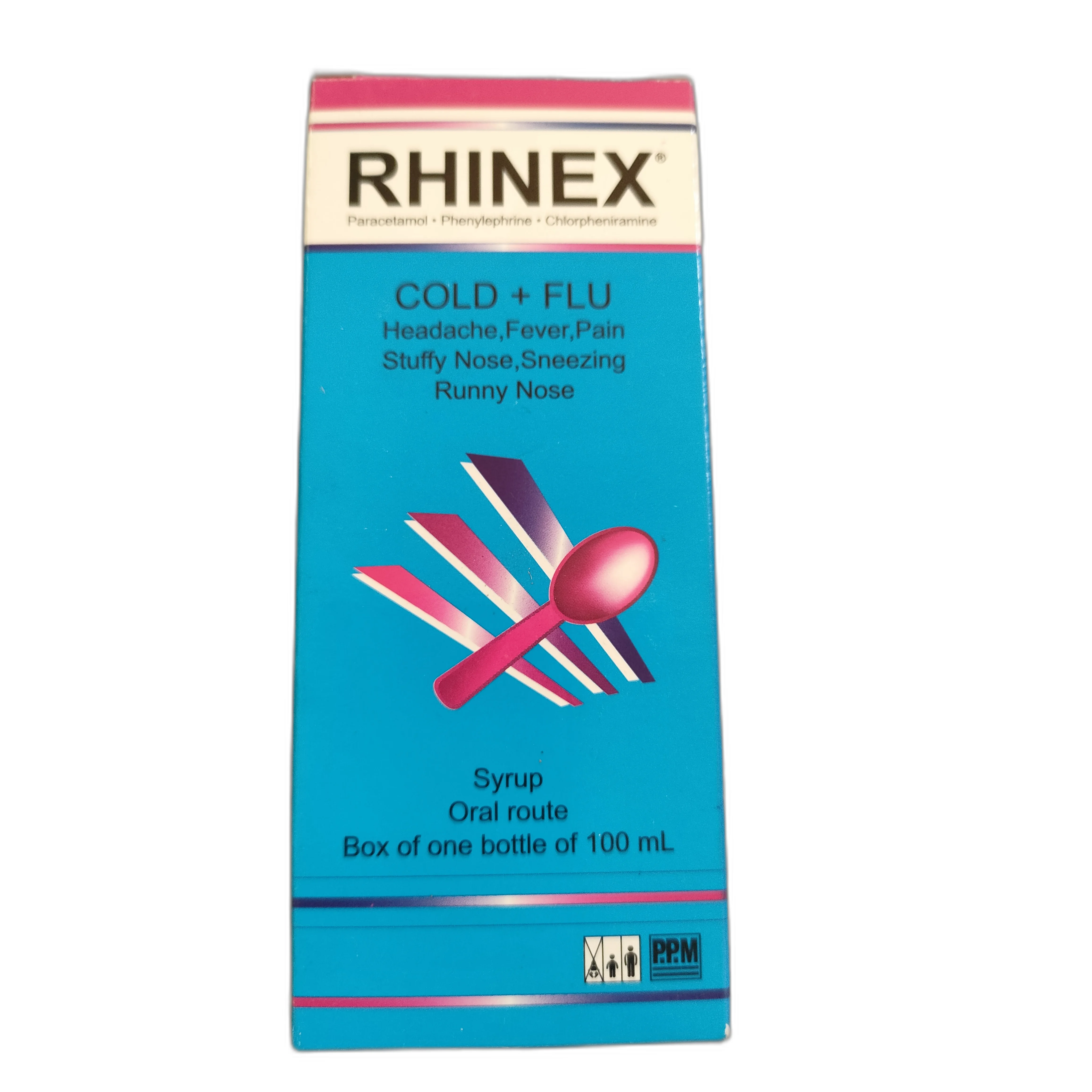 Rhinex Cold + Flu Syrup — available at pharmacies in Cambodia on PharmKulen