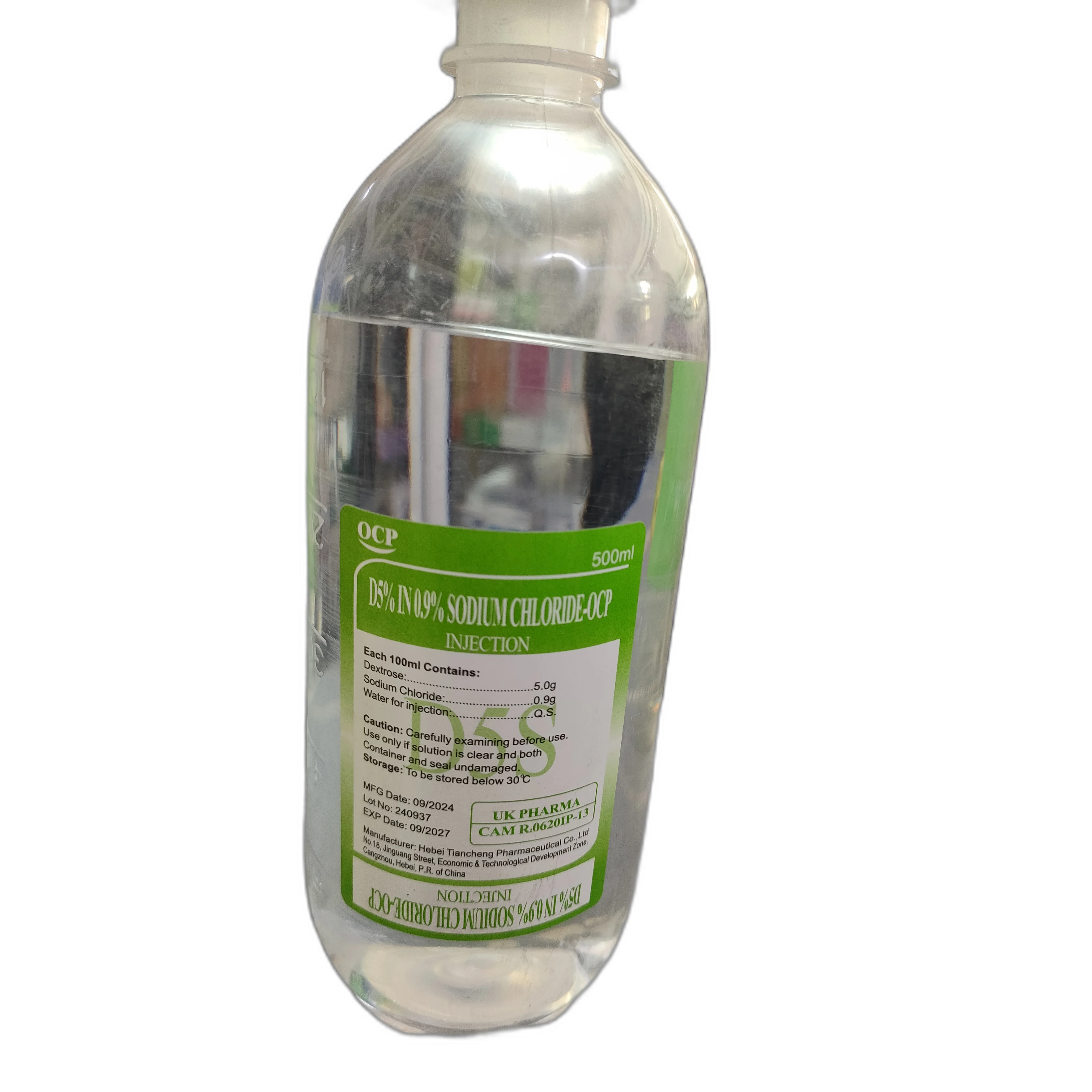Dextrose 5 percent in 1-2 Normal Saline — available at pharmacies in Cambodia on PharmKulen