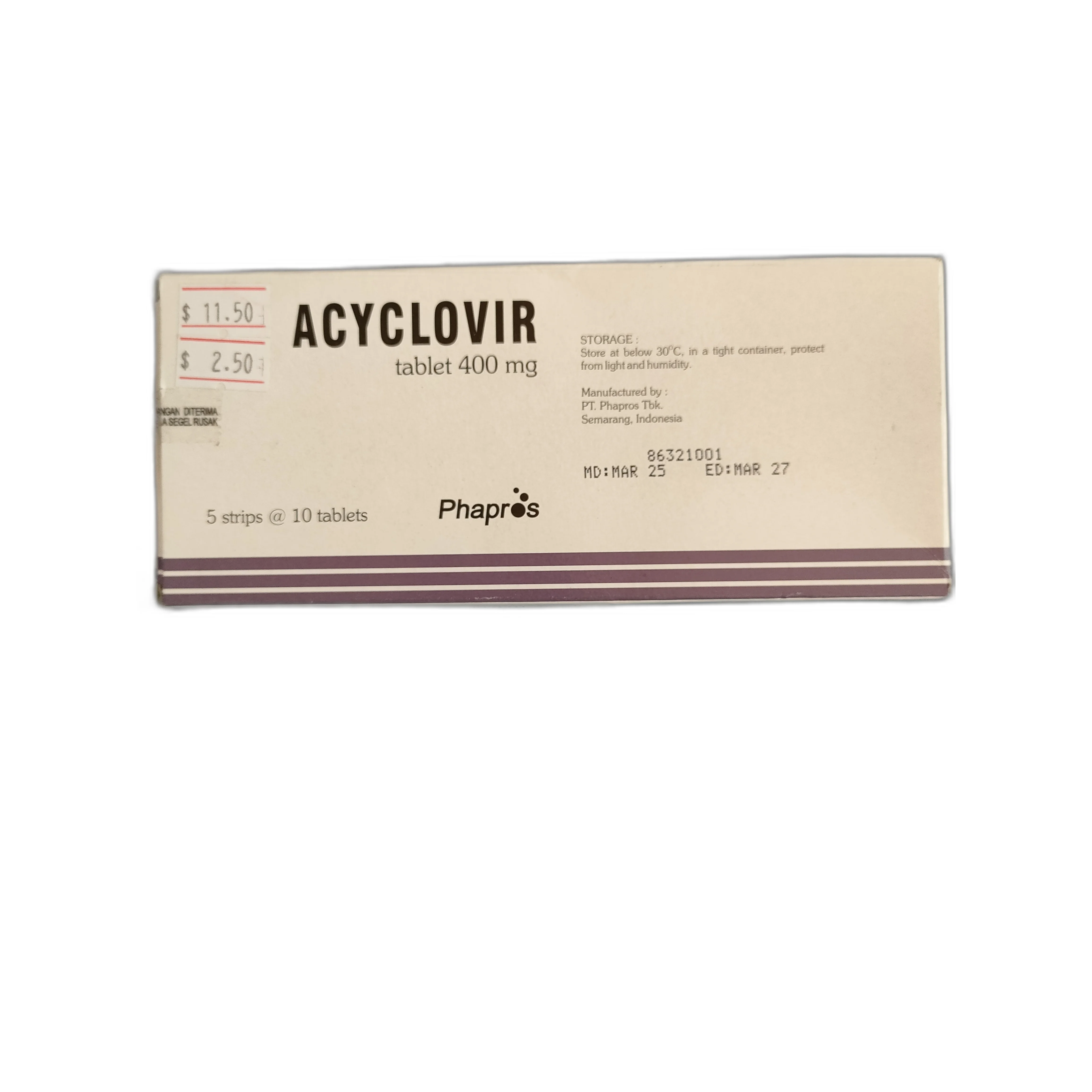 Acyclovir (400 mg) — available at pharmacies in Cambodia on PharmKulen
