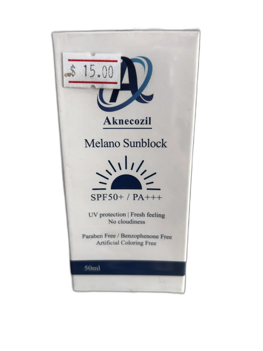 Aknecozil Melano Sunblock SPF50+ PA+++ — available at pharmacies in Cambodia on PharmKulen