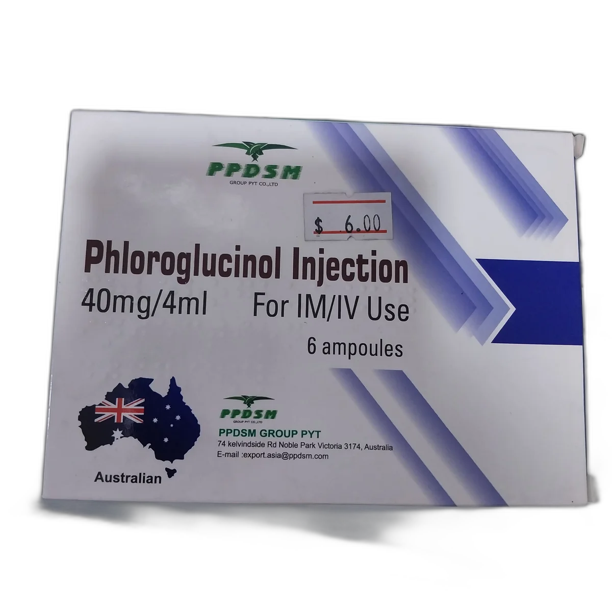 Phloroglucinol Injection 40mg/4ml — available at pharmacies in Cambodia on PharmKulen