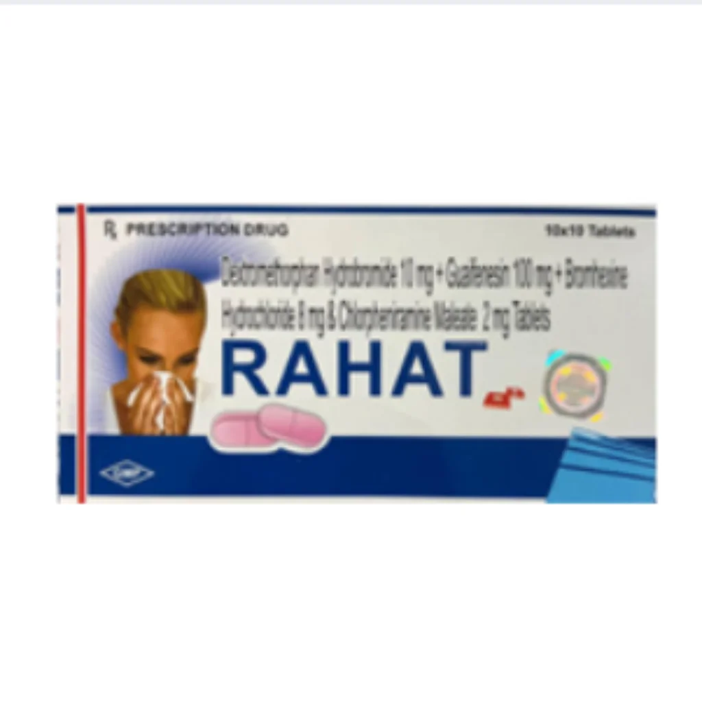 RAHAT (Dextromethorphan 10mg+Guaifenesin 100mg+Bromhexine 8mg+Chlorpheniramine 2mg) — available at pharmacies in Cambodia on PharmKulen