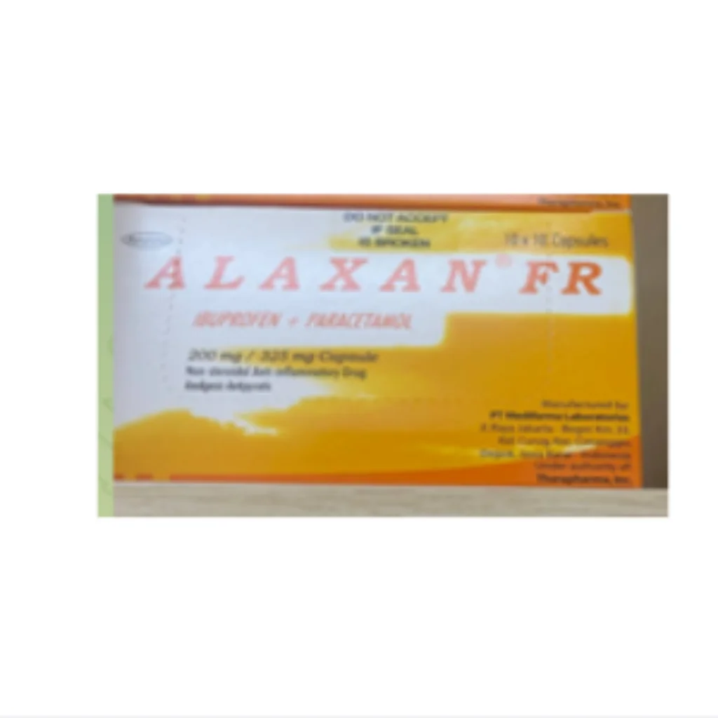 Alaxan FR 200mg/325mg (Ibuprofen+Paracetamol) — available at pharmacies in Cambodia on PharmKulen