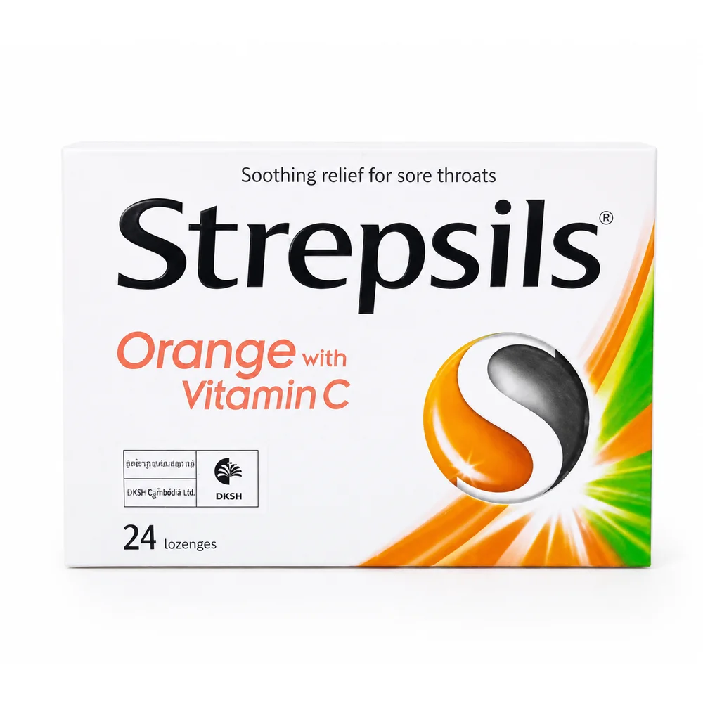 Strepsils Orange with Vitamin C — available at pharmacies in Cambodia on PharmKulen