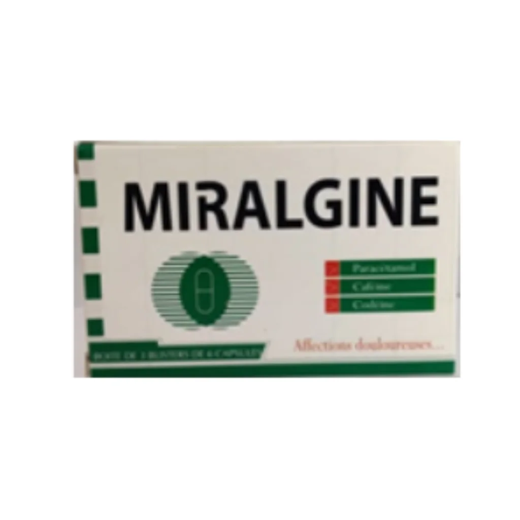 Miralgine (Paracetamol 400mg/Caffeine 62.5mg/Codeine 20mg) — available at pharmacies in Cambodia on PharmKulen