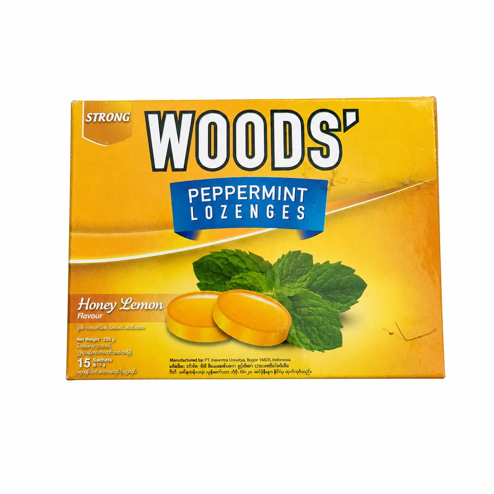 Woods' Peppermint Lozenges Honey Lemon — available at pharmacies in Cambodia on PharmKulen