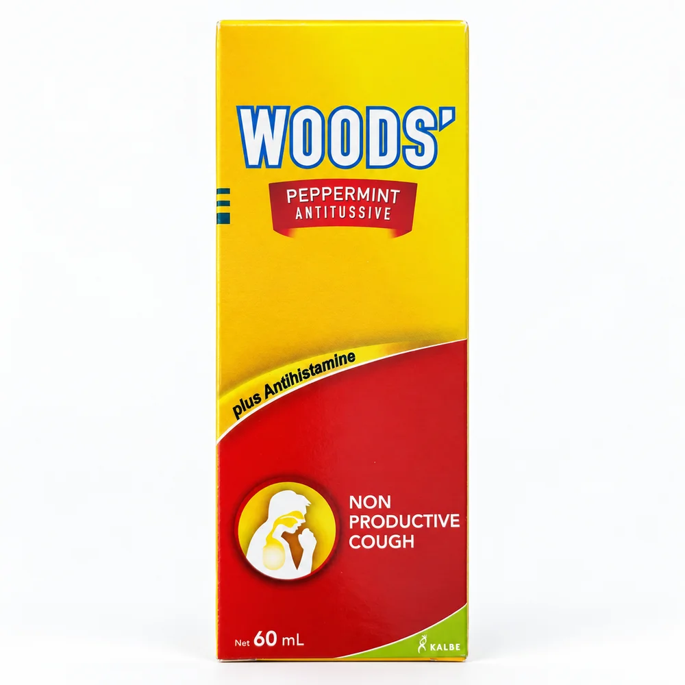 Woods' Peppermint Antitussive plus Antihistamine — available at pharmacies in Cambodia on PharmKulen