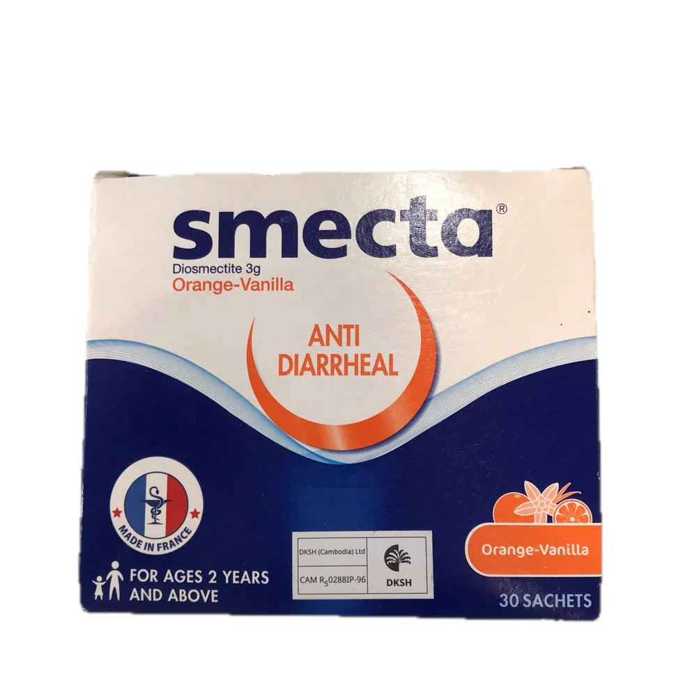 Smecta Orange-Vanilla — available at pharmacies in Cambodia on PharmKulen