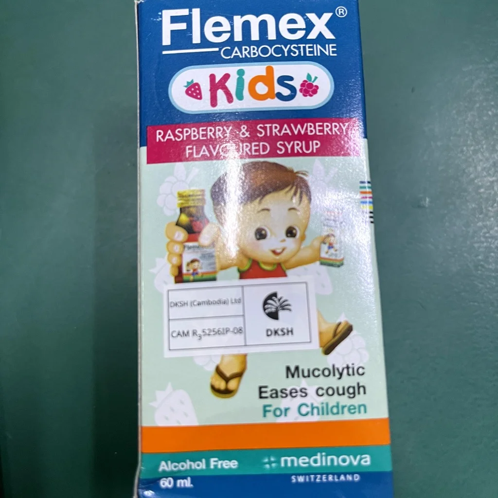 Flemex Kids (Raspberry + Strawberry Flavor) — available at pharmacies in Cambodia on PharmKulen