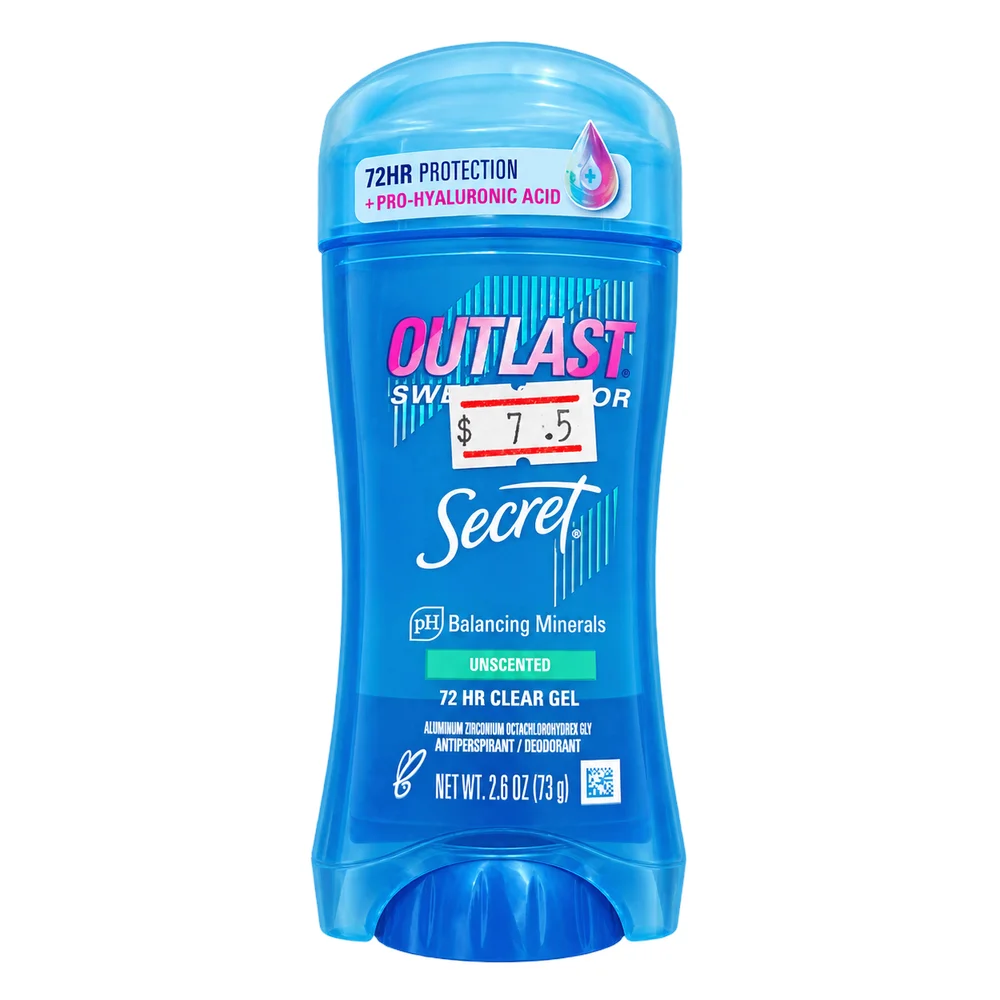 Secret Outlast Unscented 72 HR Clear Gel Antiperspirant & Deodorant (2.6 oz / 73g) — available at pharmacies in Cambodia on PharmKulen
