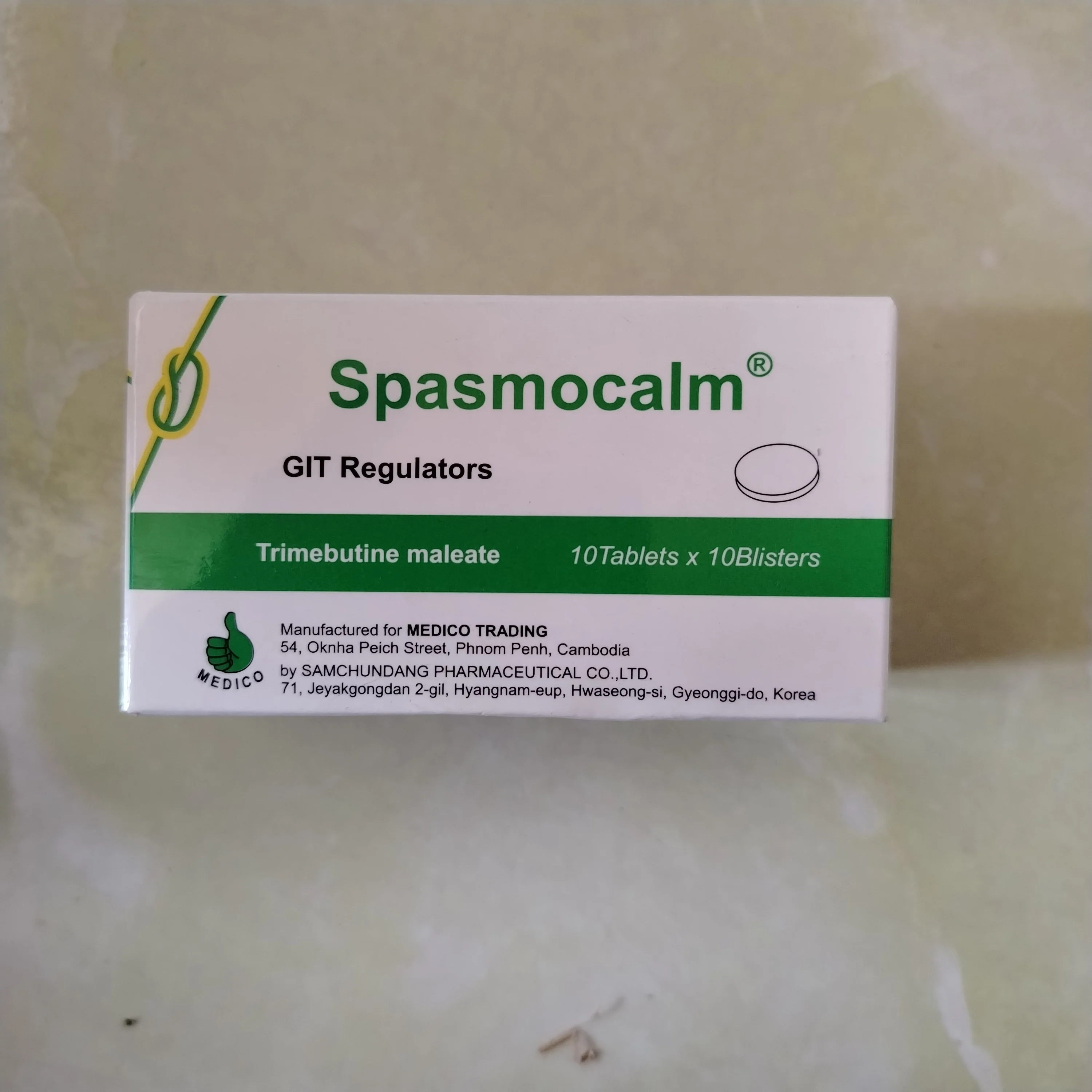Spasmocalm — available at pharmacies in Cambodia on PharmKulen