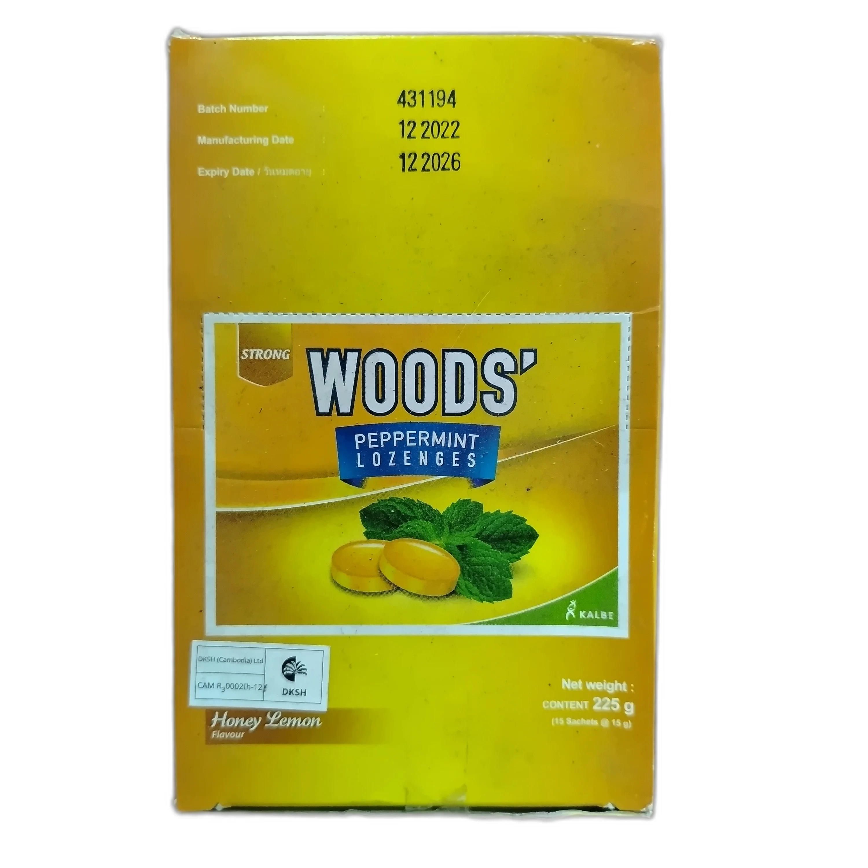 WOODS Peppermint Lozenges Honey Lemon — available at pharmacies in Cambodia on PharmKulen