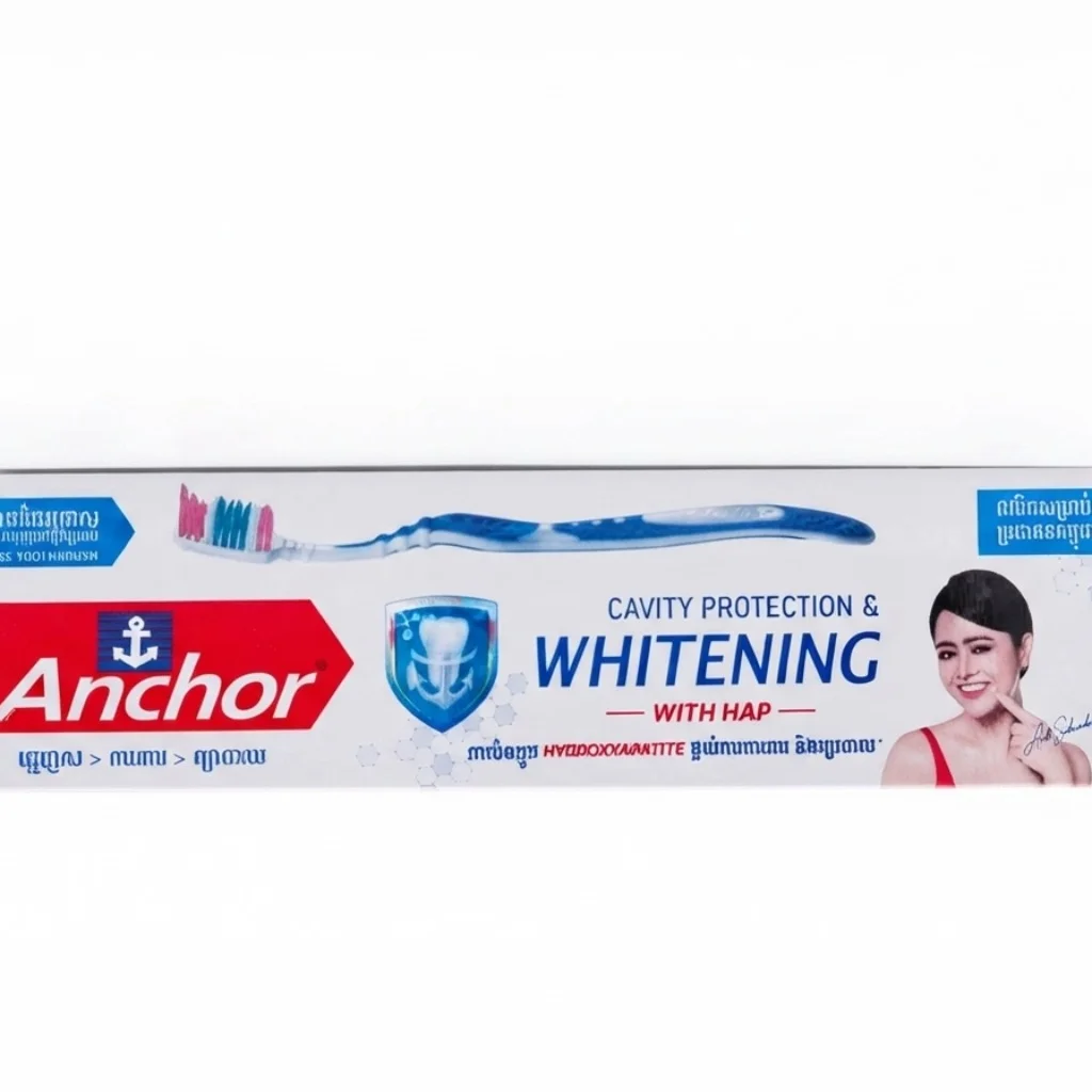 Anchor Whitening + toothbrush — available at pharmacies in Cambodia on PharmKulen