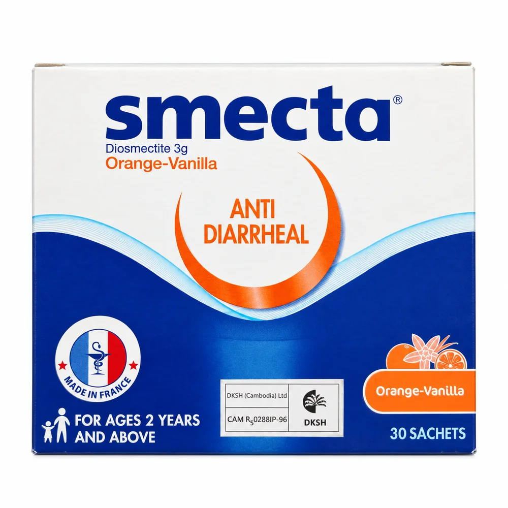 Smecta Orange-Vanilla — available at pharmacies in Cambodia on PharmKulen