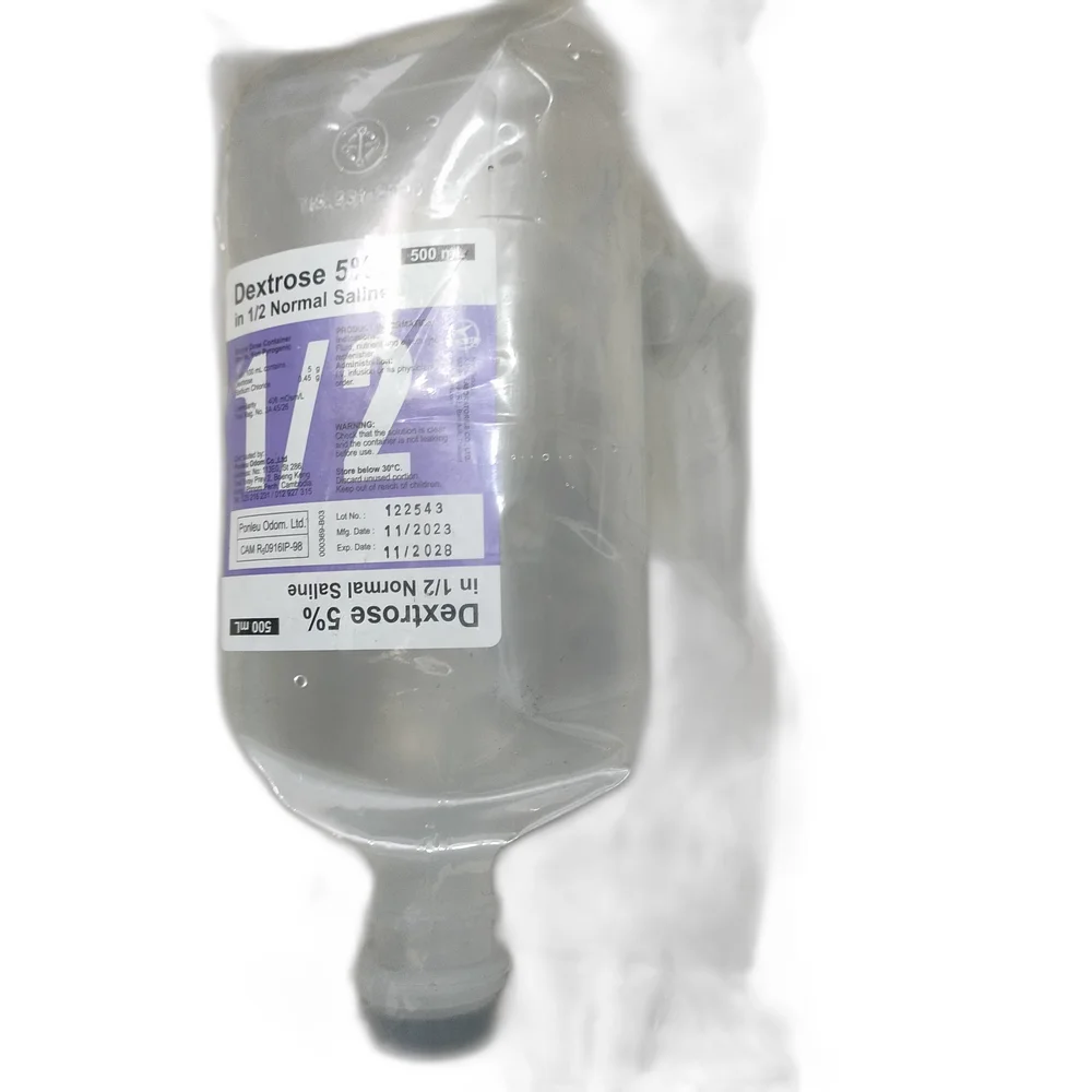 Dextrose 5% in 1/2 Normal Saline — available at pharmacies in Cambodia on PharmKulen