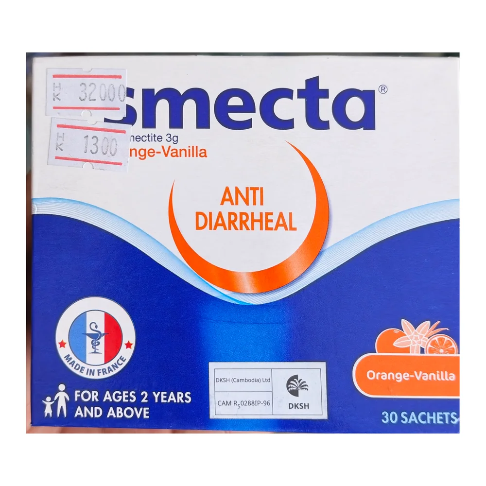 Smecta Orange-Vanilla — available at pharmacies in Cambodia on PharmKulen