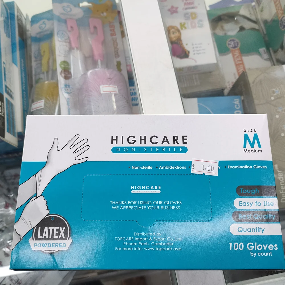 Highcare Non-Sterile Latex Powdered Examination Gloves (Size M) — available at pharmacies in Cambodia on PharmKulen