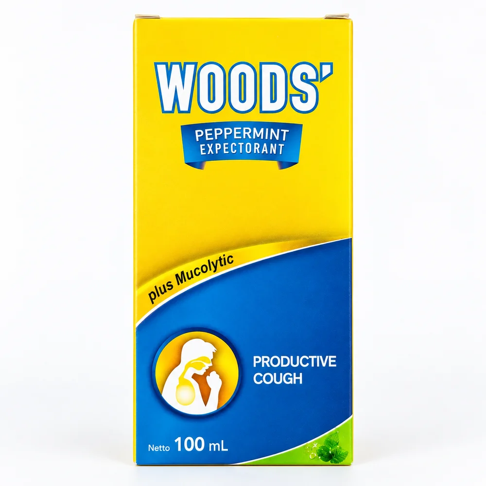 Woods' Peppermint Expectorant plus Mucolytic — available at pharmacies in Cambodia on PharmKulen