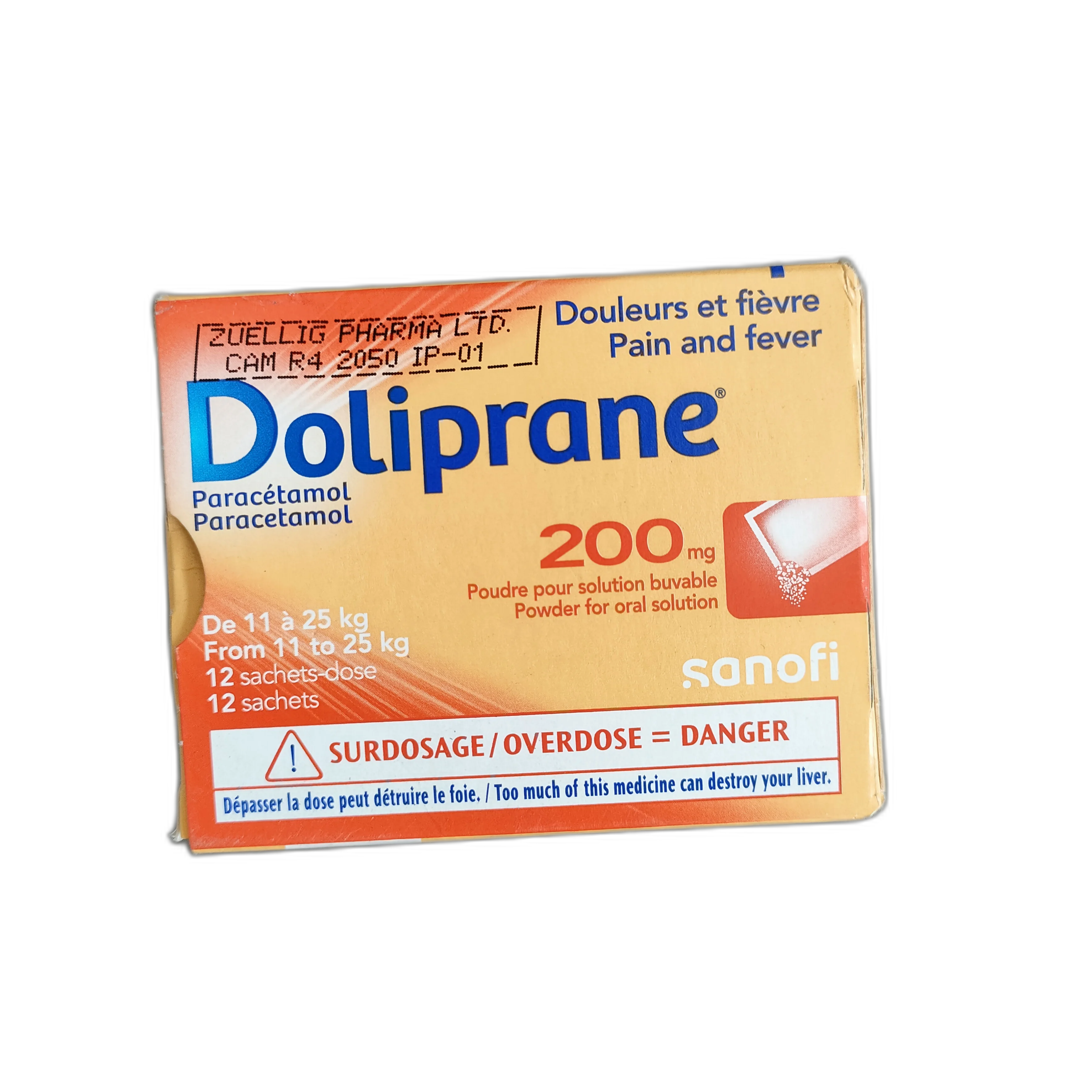 Doliprane 200mg Sachet — available at pharmacies in Cambodia on PharmKulen