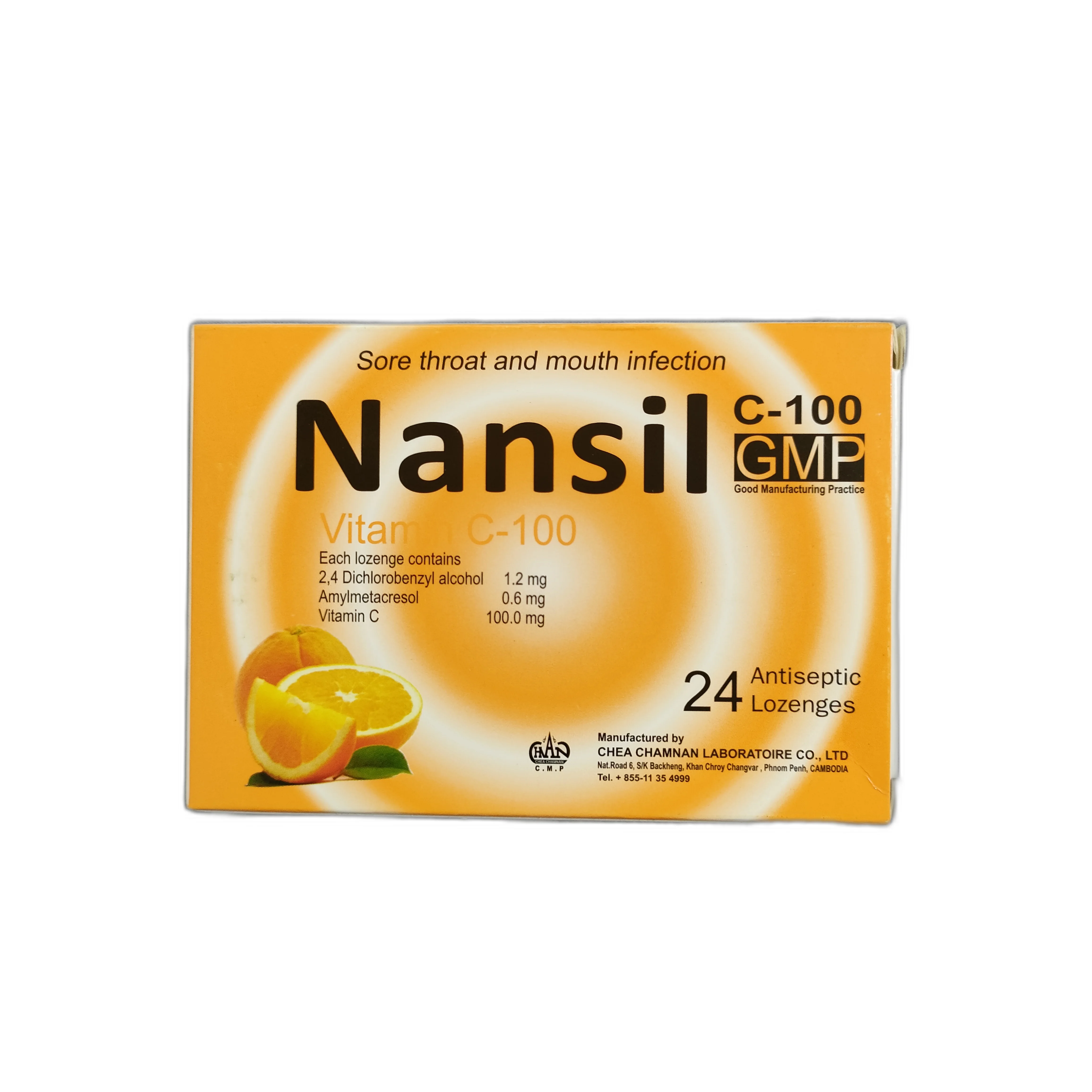 Nansil C-100 Antiseptic Lozenges — available at pharmacies in Cambodia on PharmKulen