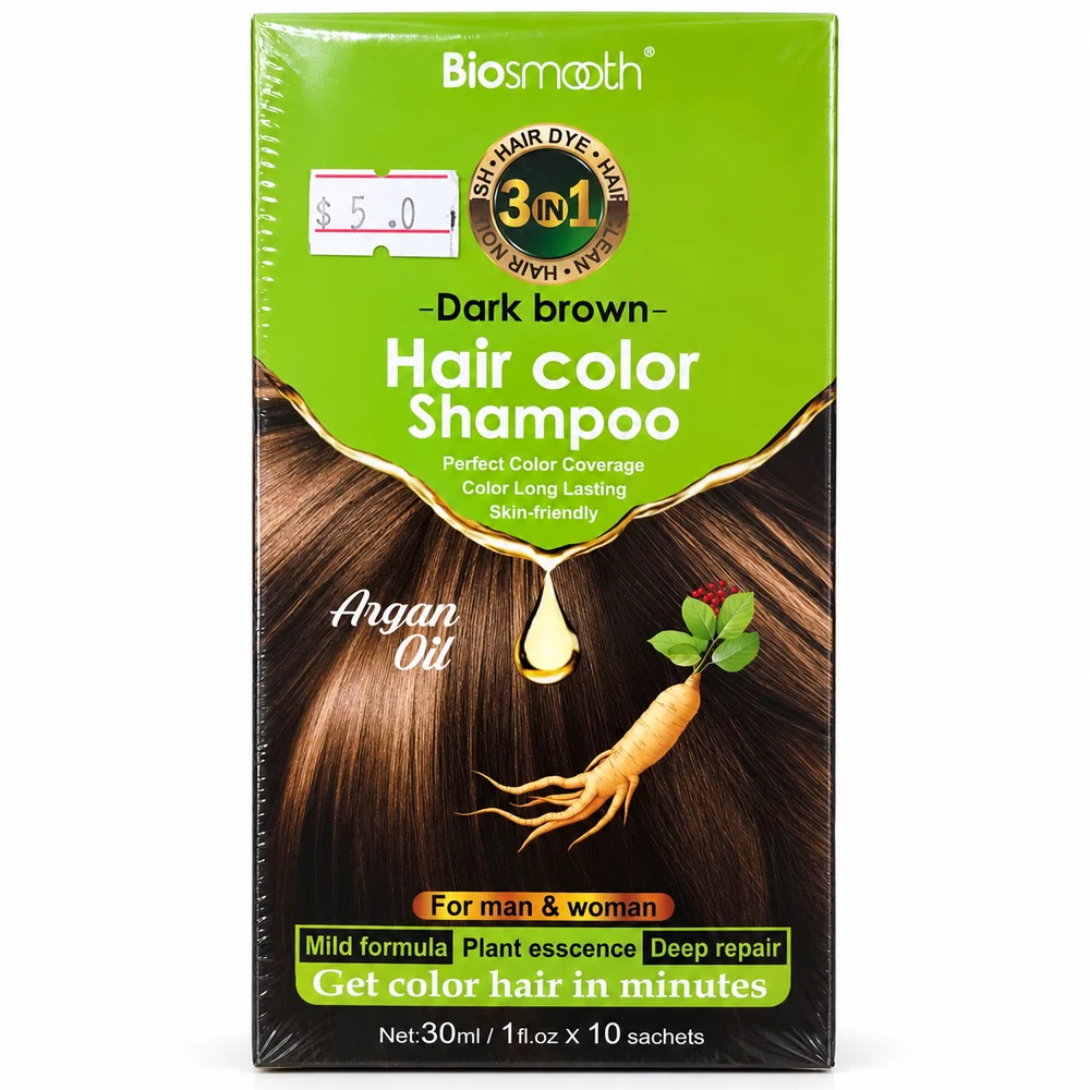 Biosmooth 3-in-1 Hair Color Shampoo (Dark Brown variant) — available at pharmacies in Cambodia on PharmKulen
