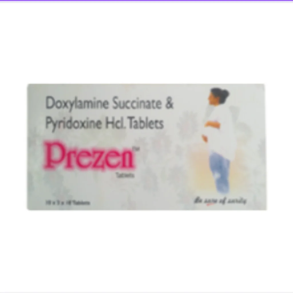 Prezen Doxylamine (10mg) + Vitamin B6 (Pyridoxine) (10mg) — available at pharmacies in Cambodia on PharmKulen
