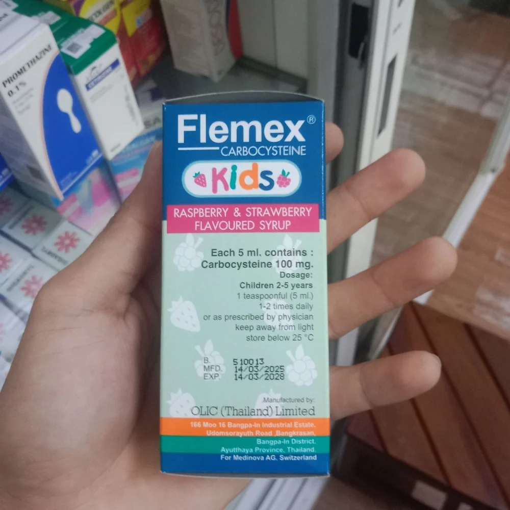 Flemex Kids Carbocysteine Raspberry & Strawberry Syrup — available at pharmacies in Cambodia on PharmKulen