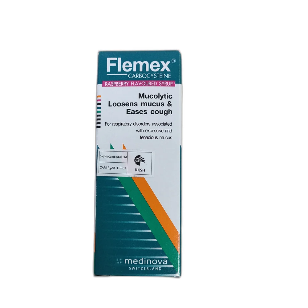 Flemex Carbocysteine Raspberry Flavoured Syrup — available at pharmacies in Cambodia on PharmKulen