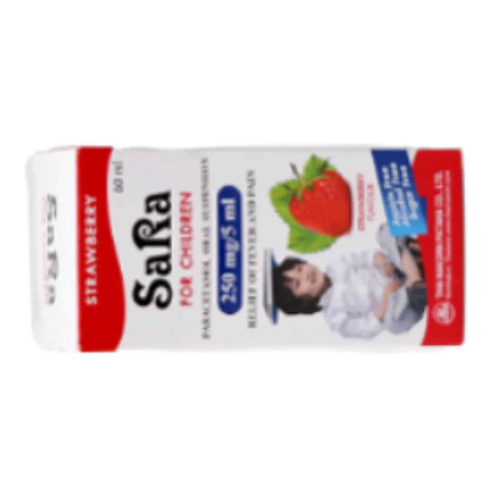 SaRa 250mg/5ml (60ml) (Strawberry flavor) — available at pharmacies in Cambodia on PharmKulen
