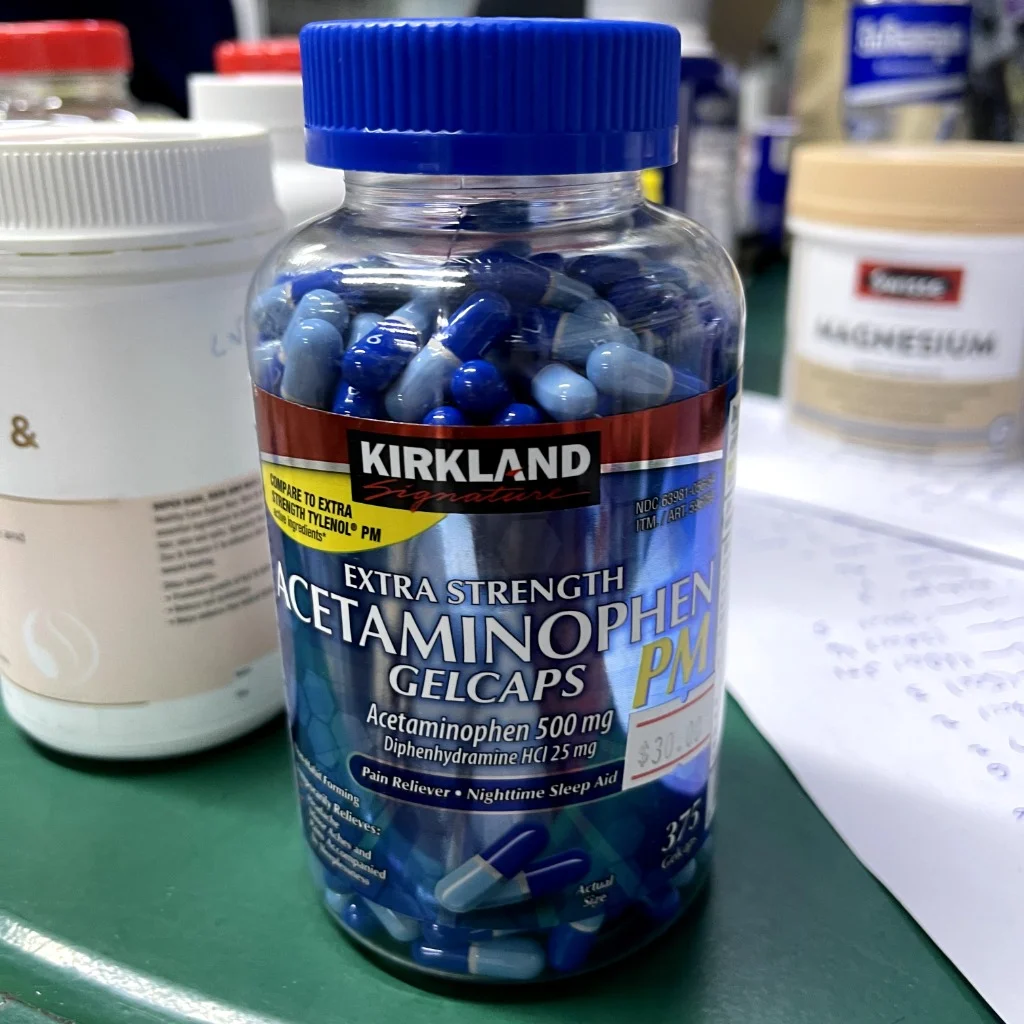 Extra Strength Acetaminophen PM — available at pharmacies in Cambodia on PharmKulen