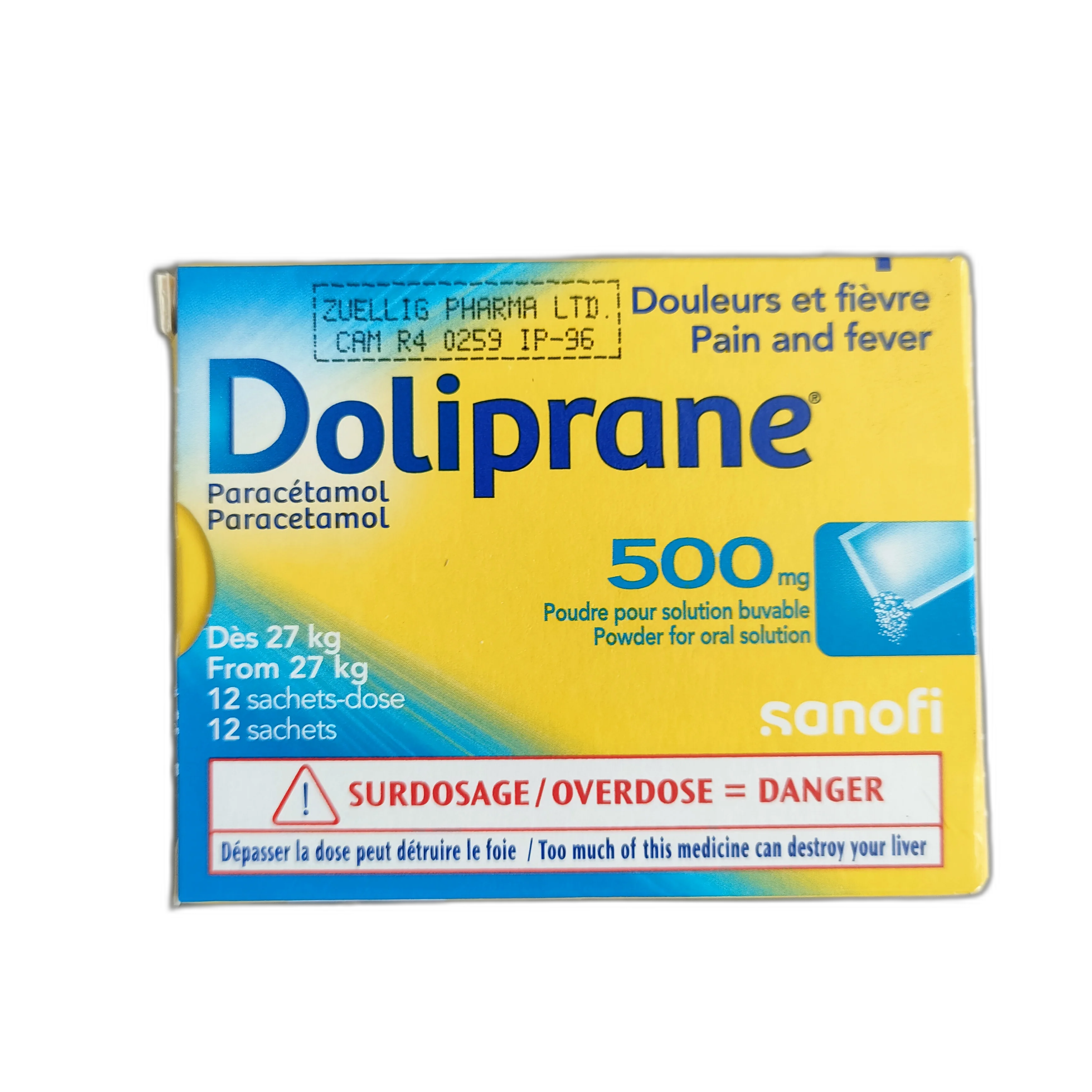 Doliprane 500mg Sachet — available at pharmacies in Cambodia on PharmKulen