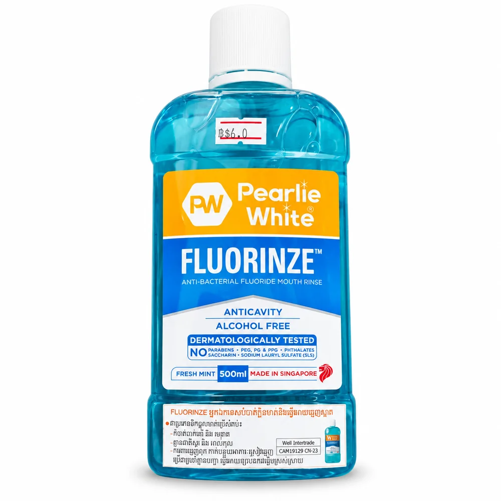 Pearlie White Fluorinze Fresh Mint — available at pharmacies in Cambodia on PharmKulen