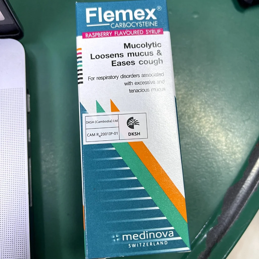 Flemex (Raspberry Flavor) — available at pharmacies in Cambodia on PharmKulen